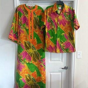 Vintage Tori Richard Colorful Tropical Maxi Dress and Matching Men’s Button Up